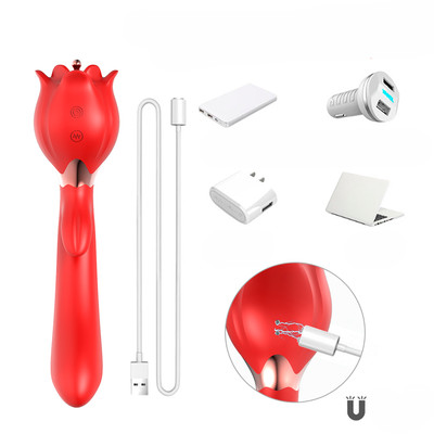 Foto 3 do produto Vibrador de Ponto G e Estimulador Clitoriano em Formato de Rosa com Ponteira Estimuladora e 2 Capas, 10 Modos de Vibração e 3 Rotações - Lena | 13 x 3,4 cm | Disponível em 2 Cores
