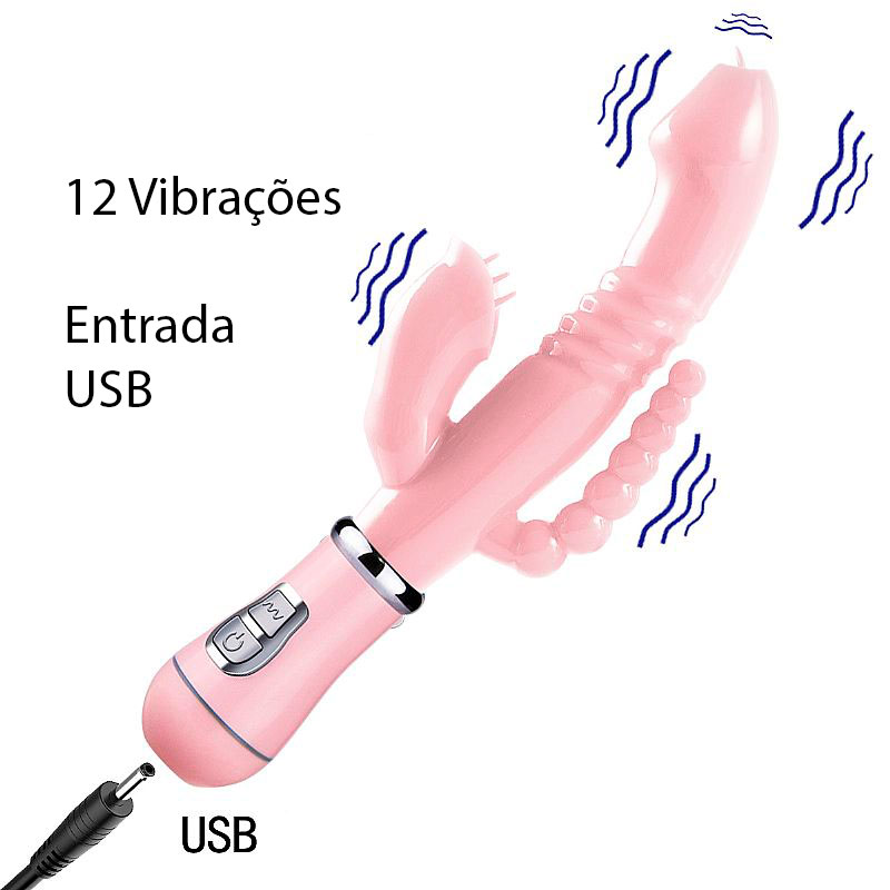 Vibrador Rabbit com Estimulador de Ponto G, Clítoris e esferas Anais de Silicone com 12 Modos de Vibrações Recarregável - SI | 11x 3 cm | Disponível em 3 Cores - 3