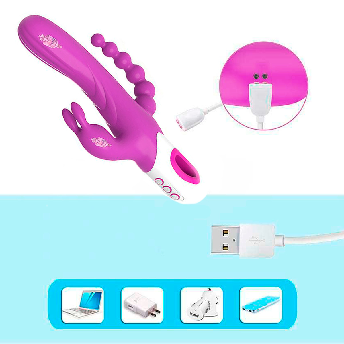 Vibrador Rabbit em Silicone com Plug Anal Escalonado, 15 Modos de Vibração, Recarregável e Resistente à Água - Eden | 12,5 x 3,4 cm - 5