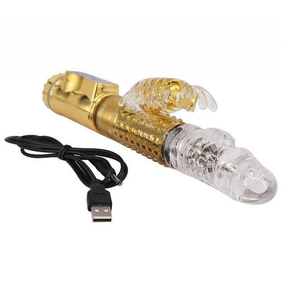 Foto 4 do produto Vibrador Recarregável Rotativo Vai e Vem com 36 Modos de Vibração e Estimulador Clitoriano - 26 x 3,4 cm | Cor: Dourado