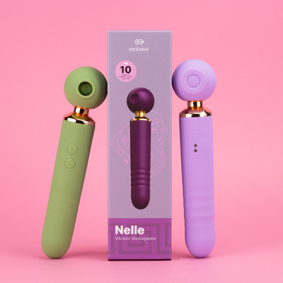 Vibrador Sugador 3 em 1 em Silicone com Motor Duplo, 10 Modos de Sucção, Pulsação e 10 Movimentos de Vai e Vem - Exclusiva Nelle | 9,5 x 2,8 cm | Disponível em 3 Cores