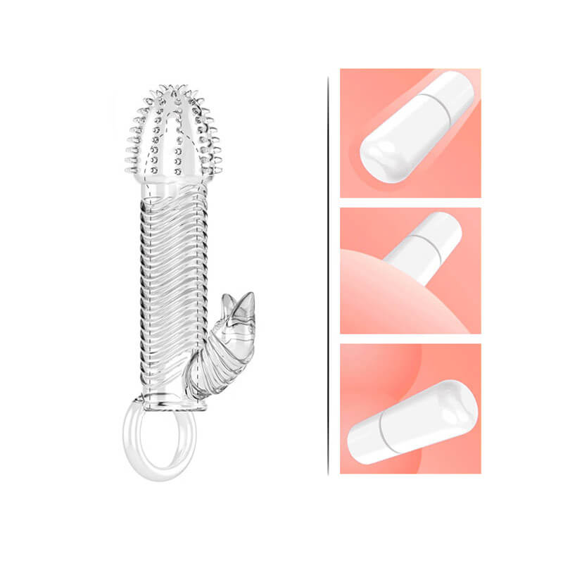 Capa Peniana com Texturas Massageadoras, Cerdas Estimuladoras, Anel para Escroto e Estimulador de Clitóris com Vibração Única - Vibration Crystal Sleeve | 12,6 x 3,2 cm - 3