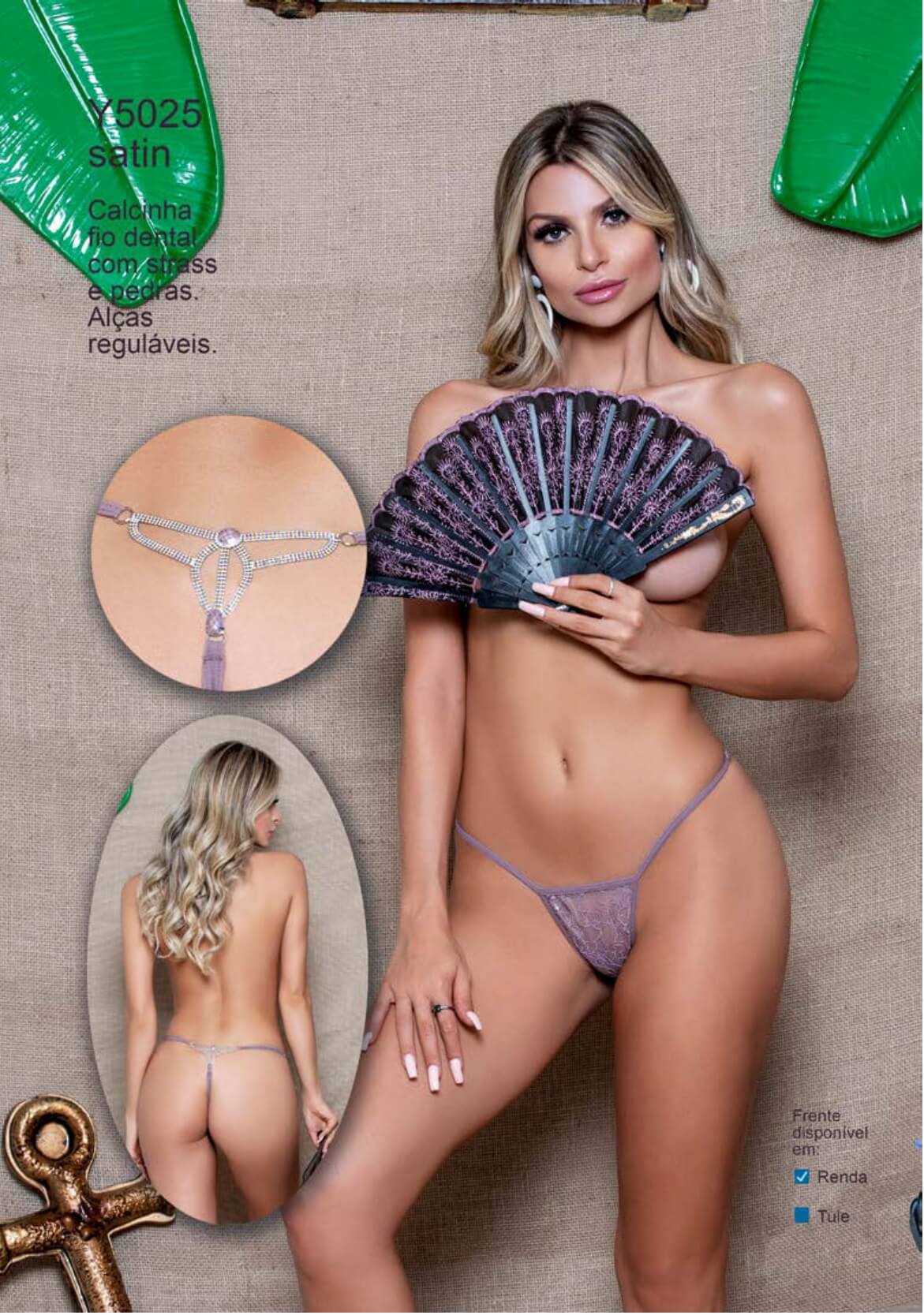 Yaffa Lingerie - Calcinha Fio Dental em Renda Floral com Detalhe de Corrente em Strass - Tamanho Único | Disponível em 8 Cores - 5