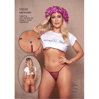 Foto 7 do produto Yaffa Lingerie - Calcinha Fio Dental com Renda Floral e Tiras Duplas Ajustáveis com Detalhe de Strass - Tamanho Único |Disponível em 6 Cores