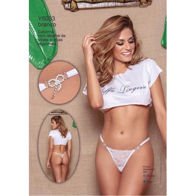 Foto 2 do produto Yaffa Lingerie - Calcinha Fio Dental Rendada Floral com Detalhe de Strass em Formato de Laço - Tamanho Único | Disponível em 8 Cores