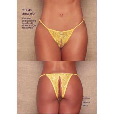 Yaffa  Lingerie - Calcinha Rendada Abertura Dupla e Detalhe de Strass na Frente - Tamanho Único | Disponível 8 Cores