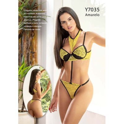 Yaffa Lingerie - Conjunto Renda com Bojo Pre-moldado e Choker com Strappy | Disponível em 5 Cores