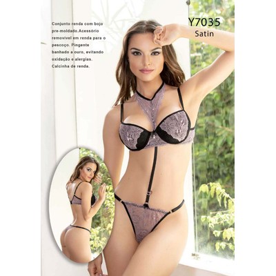 Foto 4 do produto Yaffa Lingerie - Conjunto Renda com Bojo Pre-moldado e Choker com Strappy | Disponível em 5 Cores