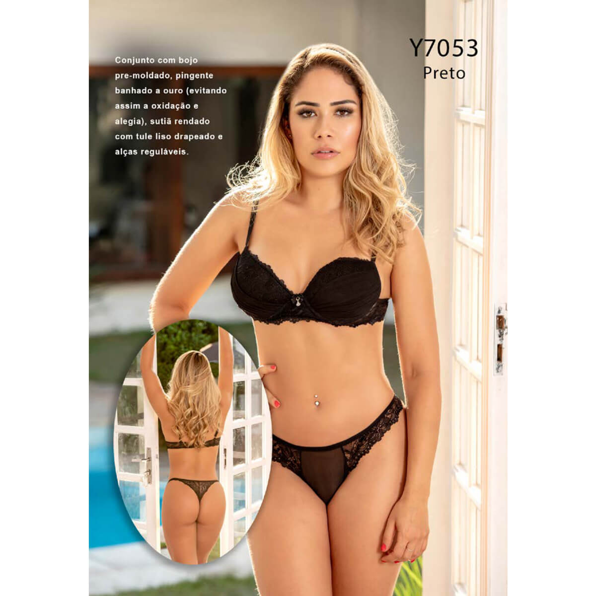 Yaffa Lingerie - Conjunto em Renda e Tule Transparente com Pingente | Disponível em 3 Cores e 4 Tamanhos - 4