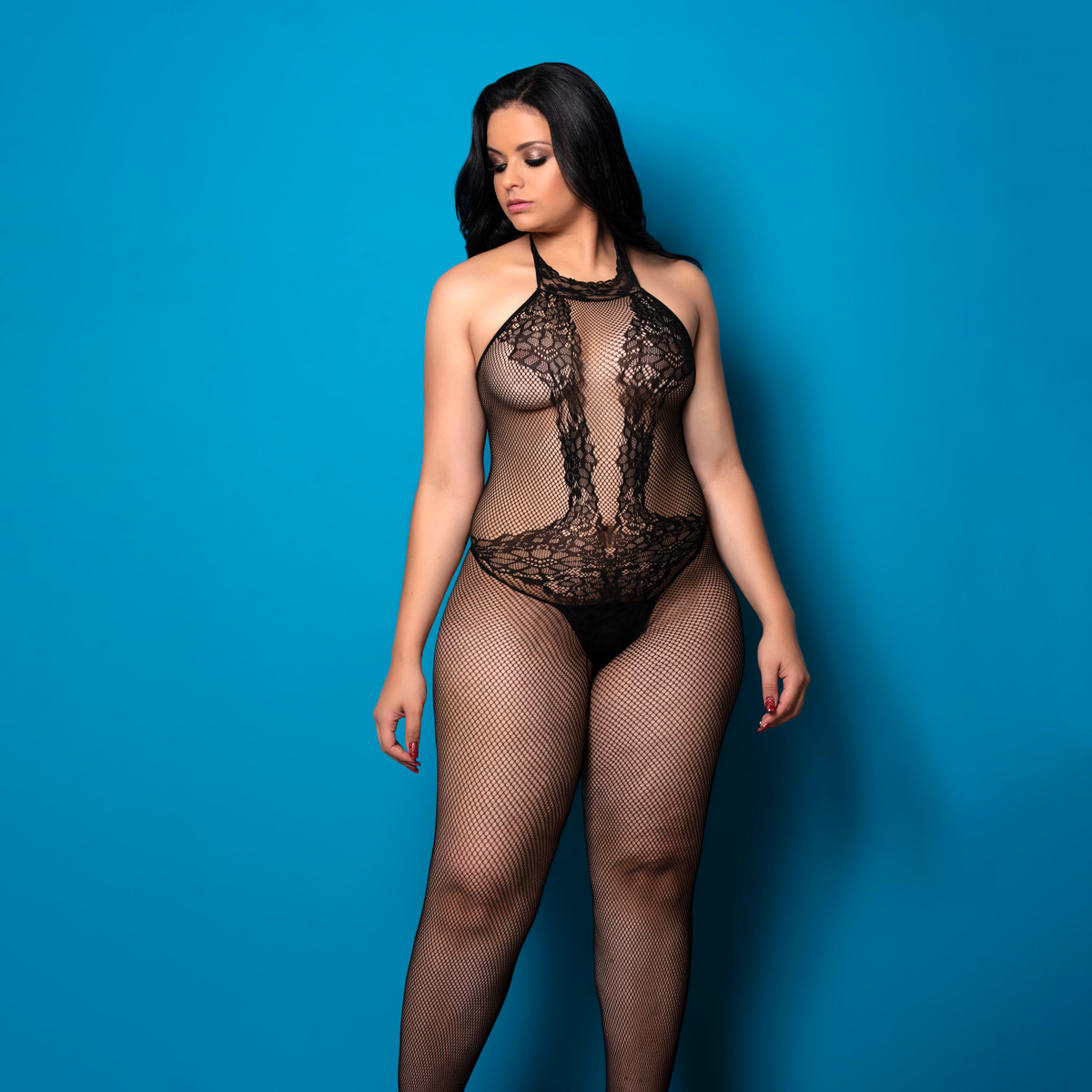 Macacão Frente Única em Arrastão sem Costura com Detalhes em Renda - Yaffa Lingerie | Tamanho Único - 3