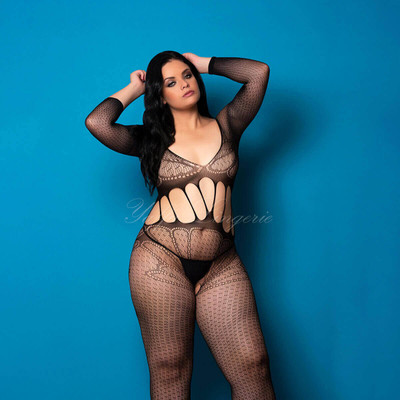 Foto 4 do produto Yaffa Lingerie - Macacão sem Costura com Manga Longa e Recortes - Veste do P 36 até o Plus Size 46 | Cor: Preto
