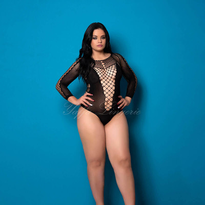 Foto 3 do produto Yaffa Lingerie - Macaquinho com Manga Comprida e Detalhes em Arrastão na Peça Toda - Veste do P 36 até o Plus Size 46 | Cor: Preto
