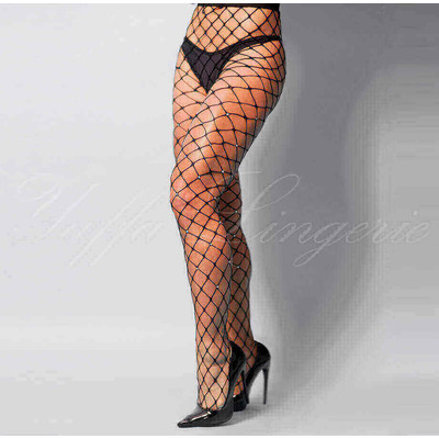 Yaffa Lingerie - Meia Calça Arrastão com Espaço Grande e Detalhes de Biju - Veste do P 36 até o Plus Size 46