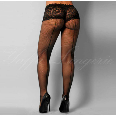 Yaffa Lingerie - Meia Calça Arrastão com Espaço Pequeno e Renda na Parte Superior