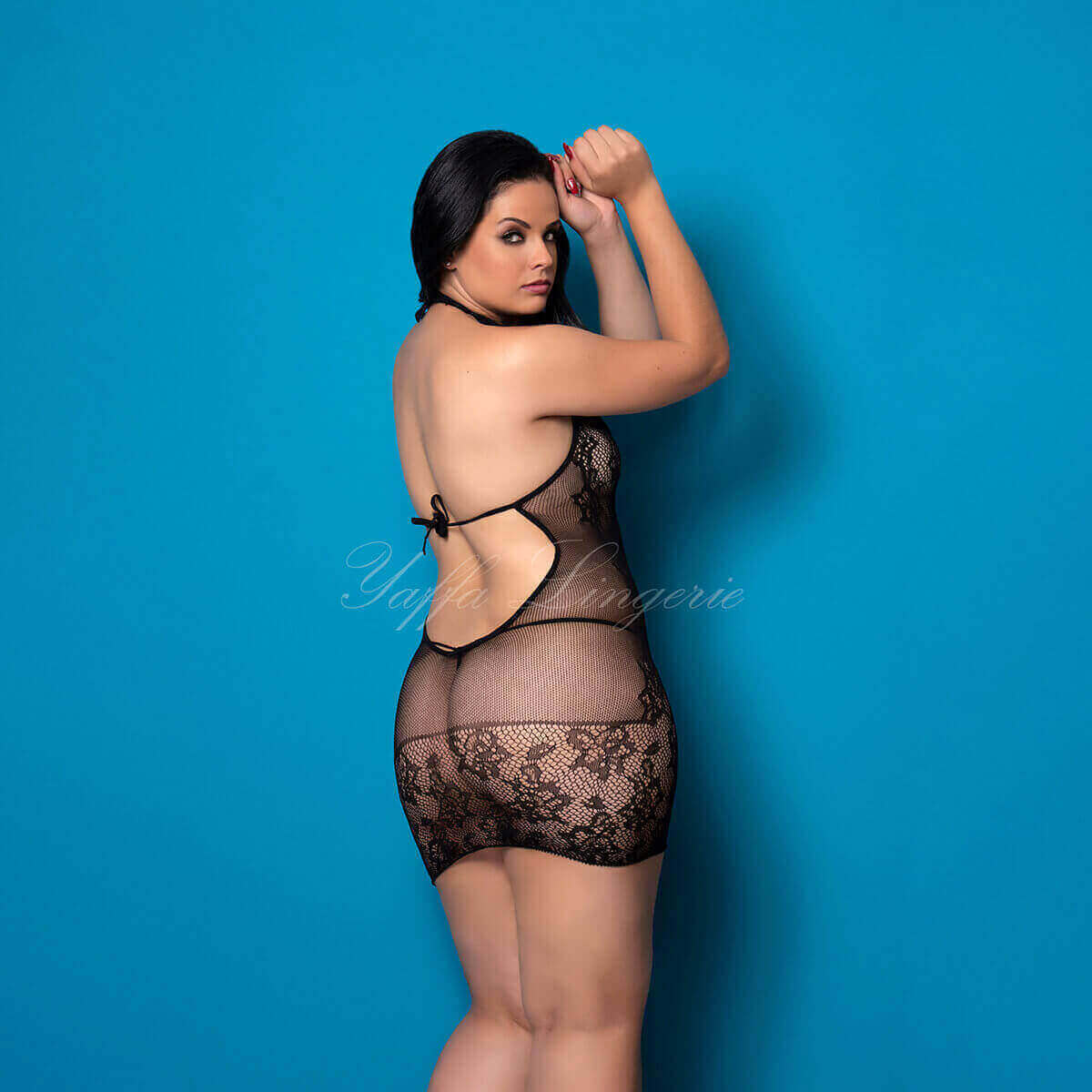 Yaffa Lingerie - Mini Vestido Frente Única com Abertura Frontal e Detalhes em Arrastão - Veste do P 36 até o plus Size 46 - 2