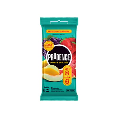 Preservativo com Aroma, Cor e Sabor de Verdade - 52 mm - Prudence Cores e Sabores | 8 Unidades | Sabor: MIX (Morango, Uva, Melão e Melancia)