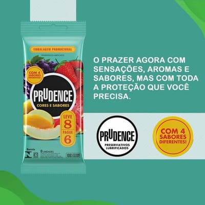 Preservativo com Aroma, Cor e Sabor de Verdade - 52 mm - Prudence Cores e Sabores | 8 Unidades | Sabor: MIX (Morango, Uva, Melão e Melancia)