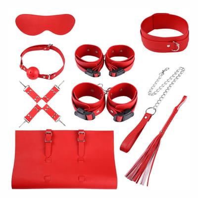 Kit Bondage com 9 Itens em Couro e Metal Leve - Bondage Kits | Cor: Vermelho