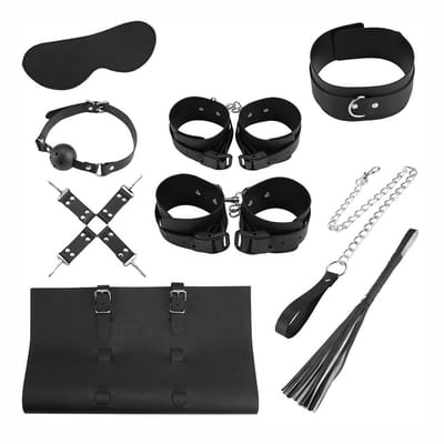 Kit Bondage com 9 Itens em Couro e Metal Leve - Bondage Kits | Cor: Preto