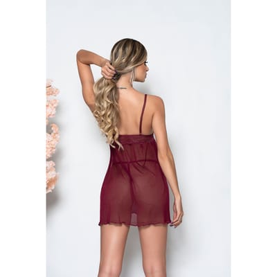 Camisola em Renda, Strap e Tule Transparente com Calcinha Fio Dental - Yaffa Lingerie | Disponível em 3 Tamanhos e 3 Cores