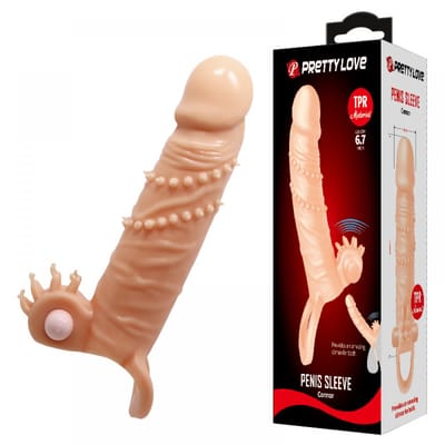 Capa Peniana em TPR com Texturas Anelares, Anel para Escroto e Cápsula com Vibração Única - Pretty Love Penis Sleeve | 13 x 3,4 cm