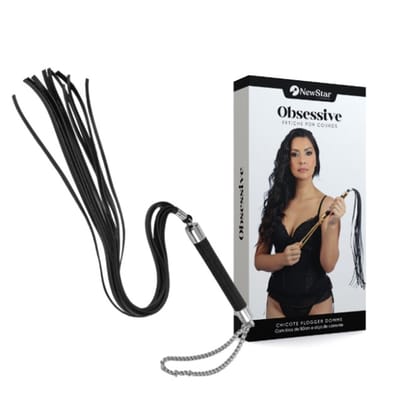 Chicote Flogger com Tiras Longas de Couro Montana, Corrente e Cabo de Madeira - New Star Couros Domme