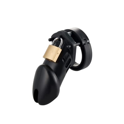 Cinto de Castidade em Silicone com Ponta Vazada e Anel para Escroto Ajustável com Cadeado - Cor: Preto