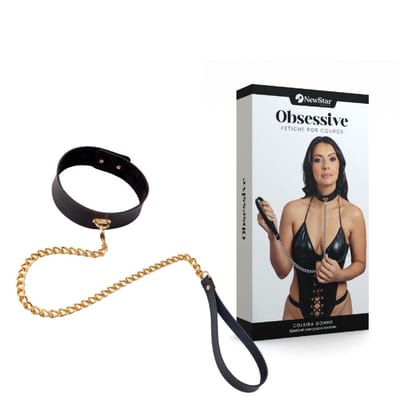 Coleira Domme Gold em Couro Montana e Guia com Corrente em Metal Dourado - New Star Couros