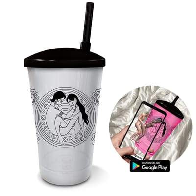 Copo de 500 ml em Acrílico com Canudo e Demonstrações de Posições em 3D Via Aplicativo - Sexy Cup Kama Sutra Diversão ao Cubo
