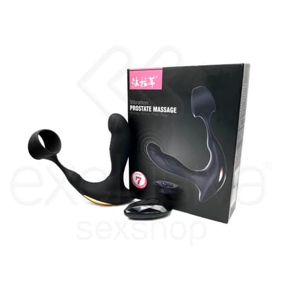 Estimulador de Próstata Recarregável em Silicone com Anel Peniano Texturizado, Função Aquecimento, 7 Vibrações e Controle sem Fio - 10 x 3,1 cm