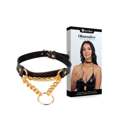 Gargantilha Argola Gold em Couro Montana com Corrente Dourado - New Star Couros | Tamanho Único