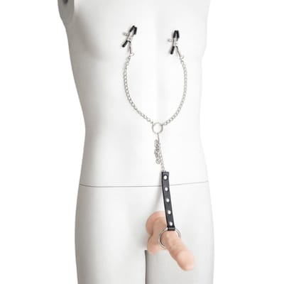 Grampos para Mamilos Masculino com Presilhas Ajustáveis, Anel Peniano ''M'' e Corrente em Metal