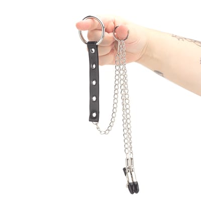 Grampos para Mamilos Masculino com Presilhas Ajustáveis, Anel Peniano ''M'' e Corrente em Metal