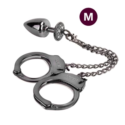 Par de Algemas em Metal com Chave e Plug Anal "M" com Detalhes de Pedras Cravejadas - HARD | 7,2 x 3,4 cm | Disponível em 3 Cores