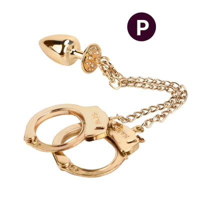 Par de Algemas em Metal com Chave de Segurança e Plug Anal "P" com Detalhes de Pedras Cravejadas - HARD | 6 x 2,6 cm | Disponível em 3 Cores