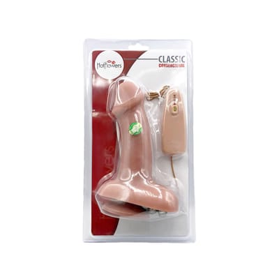 Prótese Peniana Realística com Escroto, Vibração Multivelocidade, Controle e Ventosa - Hot Flowers Classic Convencional | 14,4 x 4,9 cm