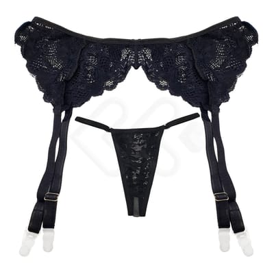 Cinta Liga Preta Renda com Elastano, Persex e Calcinha Fio Dental em Tule Transparente - InNamorata Love Items - Tamanho Único