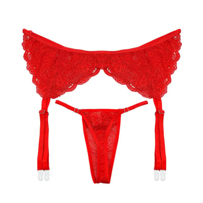 Cinta Liga Vermelha em Renda Guipir com Persex e Calcinha Fio Dental em Tule Transparente - InNamorata Love Items | Tamanho Único