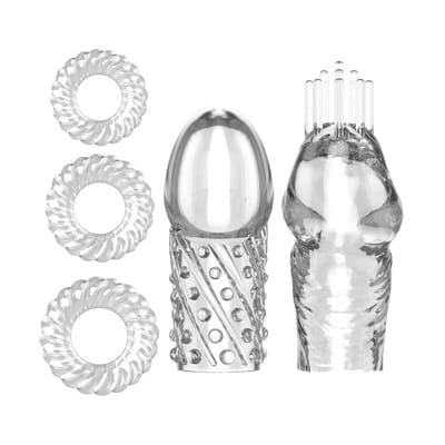 Kit em Silicone com 2 Capas Texturizadas para Glande e 3 Anéis Penianos de Tamanho Gradual - JG Penis Cover Set-Clear