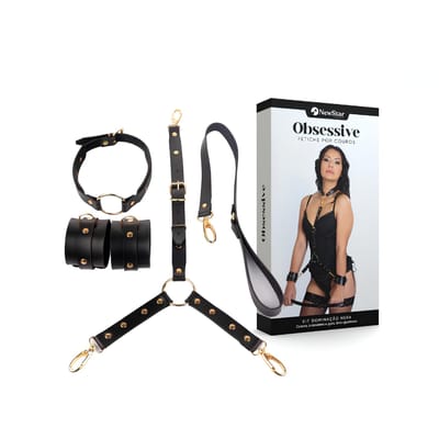 Kit Dominação Hera com 2 Algemas, Coleira, Guia em Couro Montana e Ferragens Douradas - New Star Couros