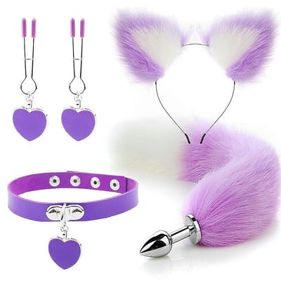 Kit Fetiche em Pelúcia com Tiara de Orelha, Plug Anal com Rabo de Raposa, Grampos Para os Seios e Coleira com Pingente de Coração - Sexy Import