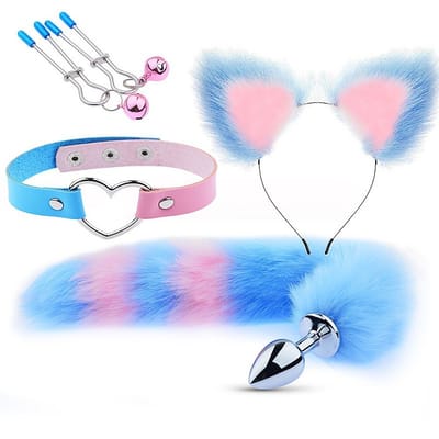 Kit Fetiche em Pelúcia com Tiara de Orelha, Plug Anal com Rabo de Raposa, Grampos Para os Seios e Gargantilha de Coração - Sexy Import