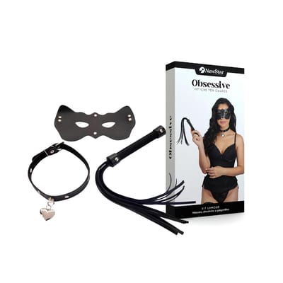 Kit Lamour com Gargantilha de Pingente de Coração, Chicote de Tiras e Máscara com Elástico - New Star Couros