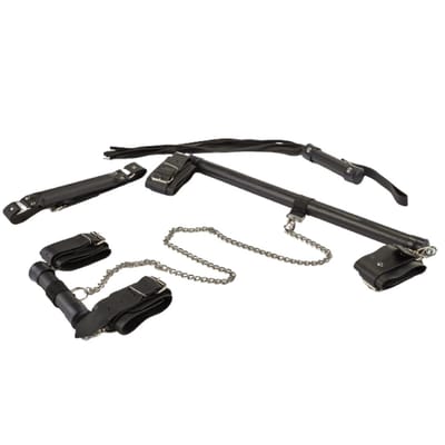 Kit Sacanagem Bondage com Separador de Pernas, Mini Separador de Braços, Algemas, Mordaça e Chicote em Couro Sintético - Brasil Fetiche | Disponível em 2 Cores