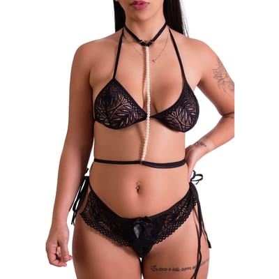 Conjunto em Renda com Saia e Coleira Estilo Harness com Pérola - Fascino Lingerie | Tamanho Único | Disponível em 4 Cores