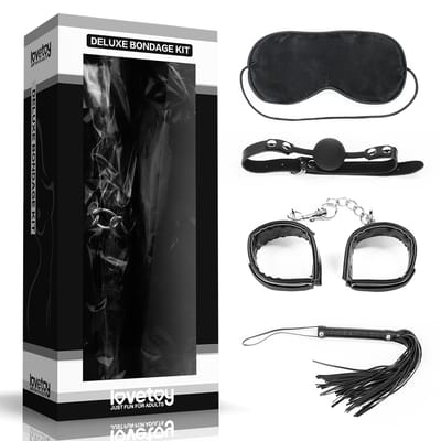 Kit Bondage com Mordaça, Venda, Par de Algemas e Chicote em Couro Sintético - Lovetoy Deluxe Bondage Kit