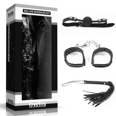 Kit Bondage com Mordaça, Par de Algemas e Chicote - Lovetoy Deluxe Bondage Kit