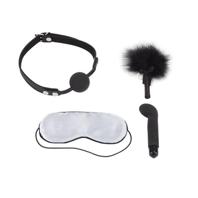 Kit Bondage com Mordaça, Venda, Pluma e Vibrador ponto G com Vibração Única - Lovetoy Deluxe Bondage Kit | 4 Peças
