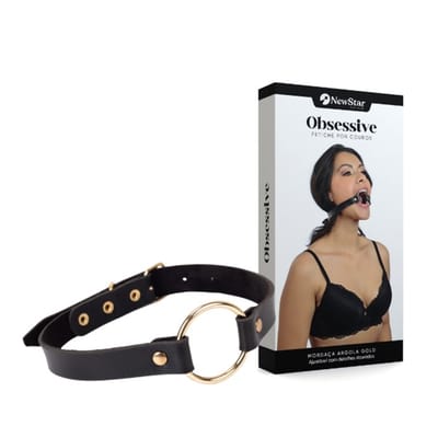 Mordaça Ring Gag Gold em Couro Sintético Ajustável - New Star Couros