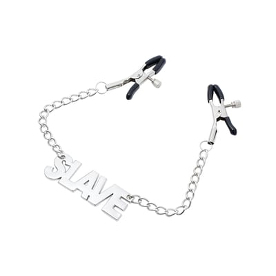 Par de Grampos para Mamilos com Regulagem e Pingente Escrito "SLAVE" - 3R Import